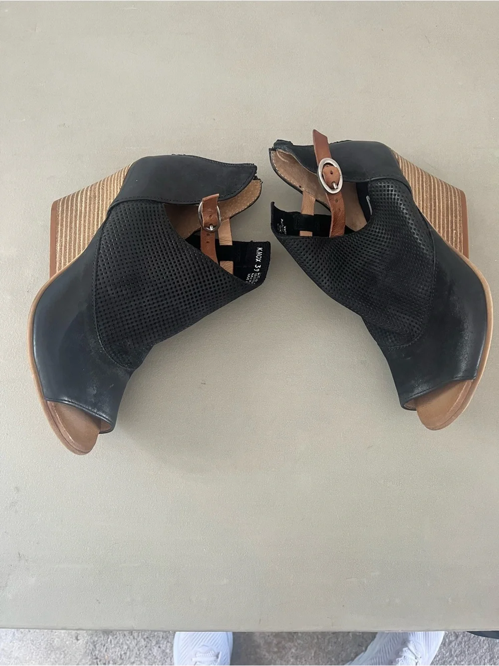 Miz Mooz Black Peep-Toe Wedge Sandals with Tan Accents